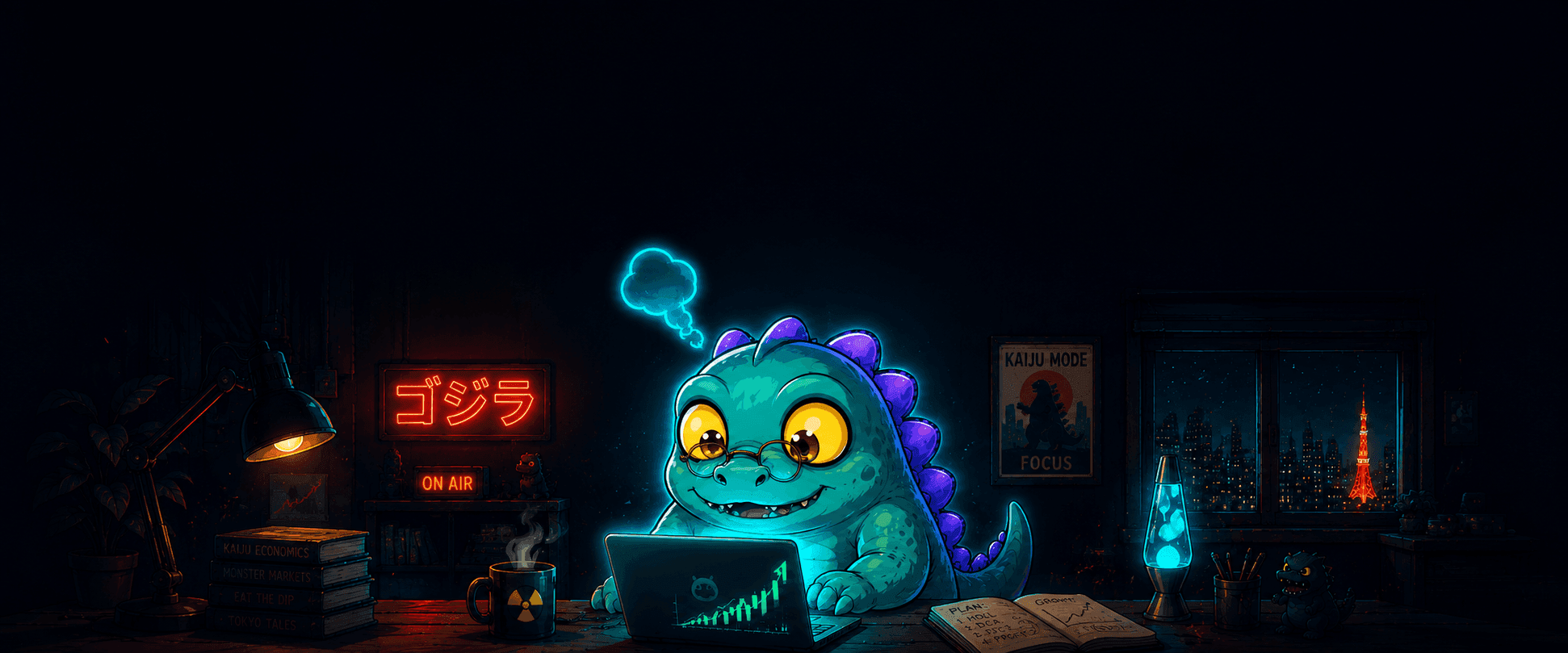 Godzi at a glowing laptop, aping into $GOGO